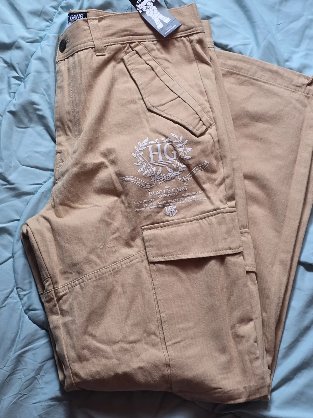 Hustle Gang Men’s Beige-Tan Cargo Pants with Logo Embroidery
